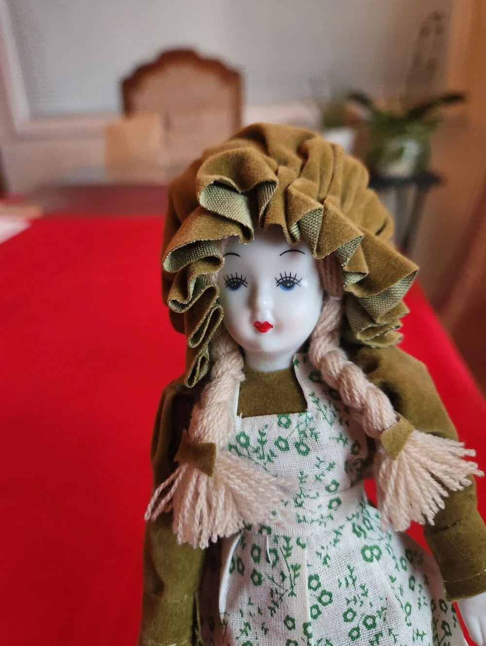 Source Unknown Olive Green Fabric & Porcelain Bonnet Doll